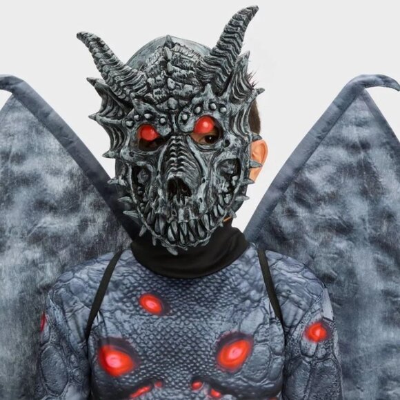 Dragon Halloween Costume 10/12 Light Up Mask, Wings, Jumpsuit 3 Pc Black Boys - Picture 2 of 4